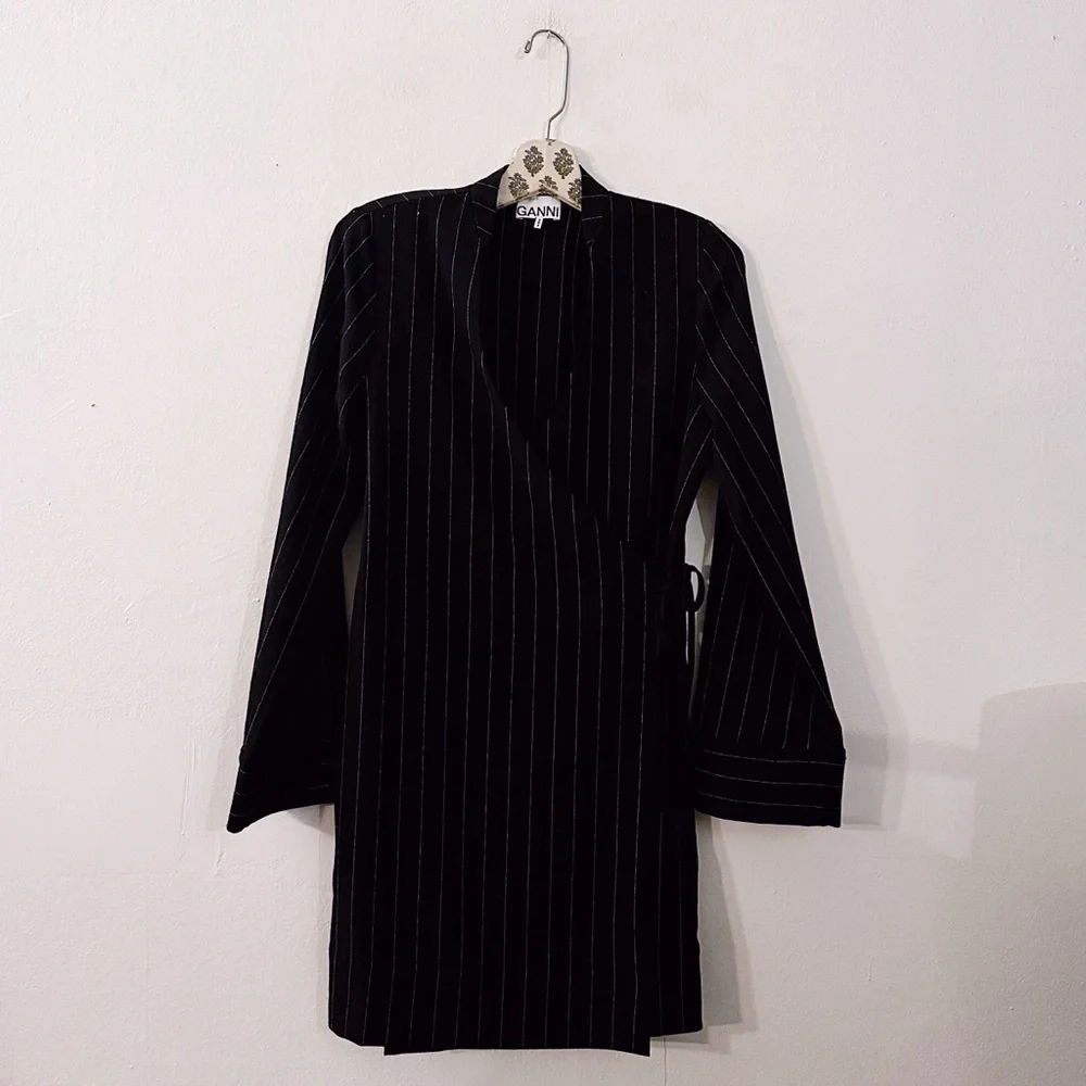 Ganni Heavy Crepe Pinstripes Wrap Mini Dress Black White